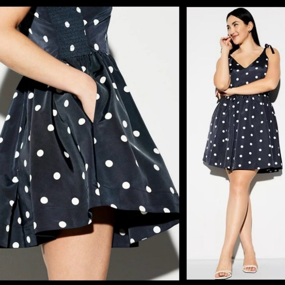 Old Navy 3X Polka Dot Fit & Flare Dress Smocked Stretch Navy White Retro - Picture 3 of 15